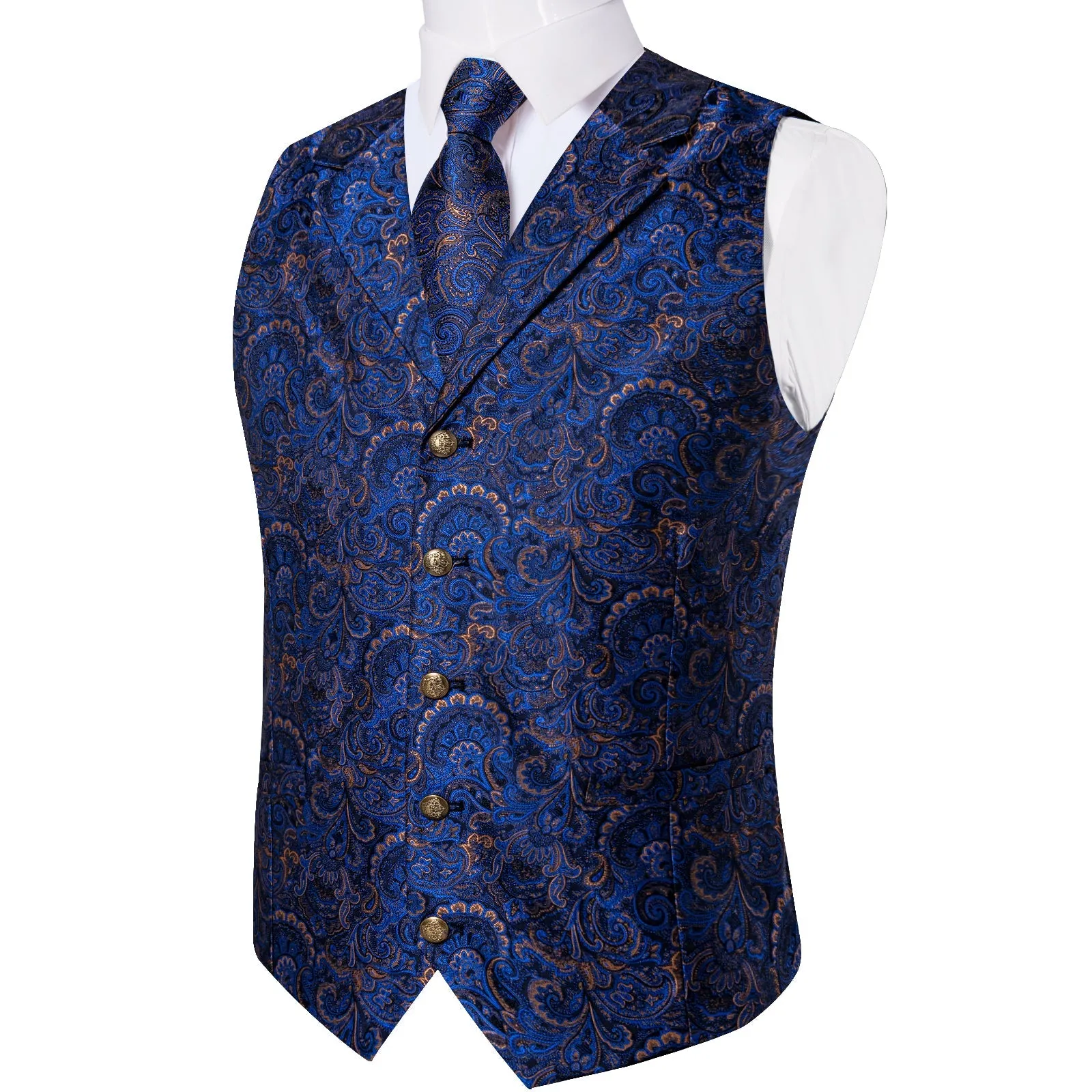 Dark Blue Yellow Luxury Paisley Jacquard Men's Collar Vest Tie Hanky Cufflinks Suit Set