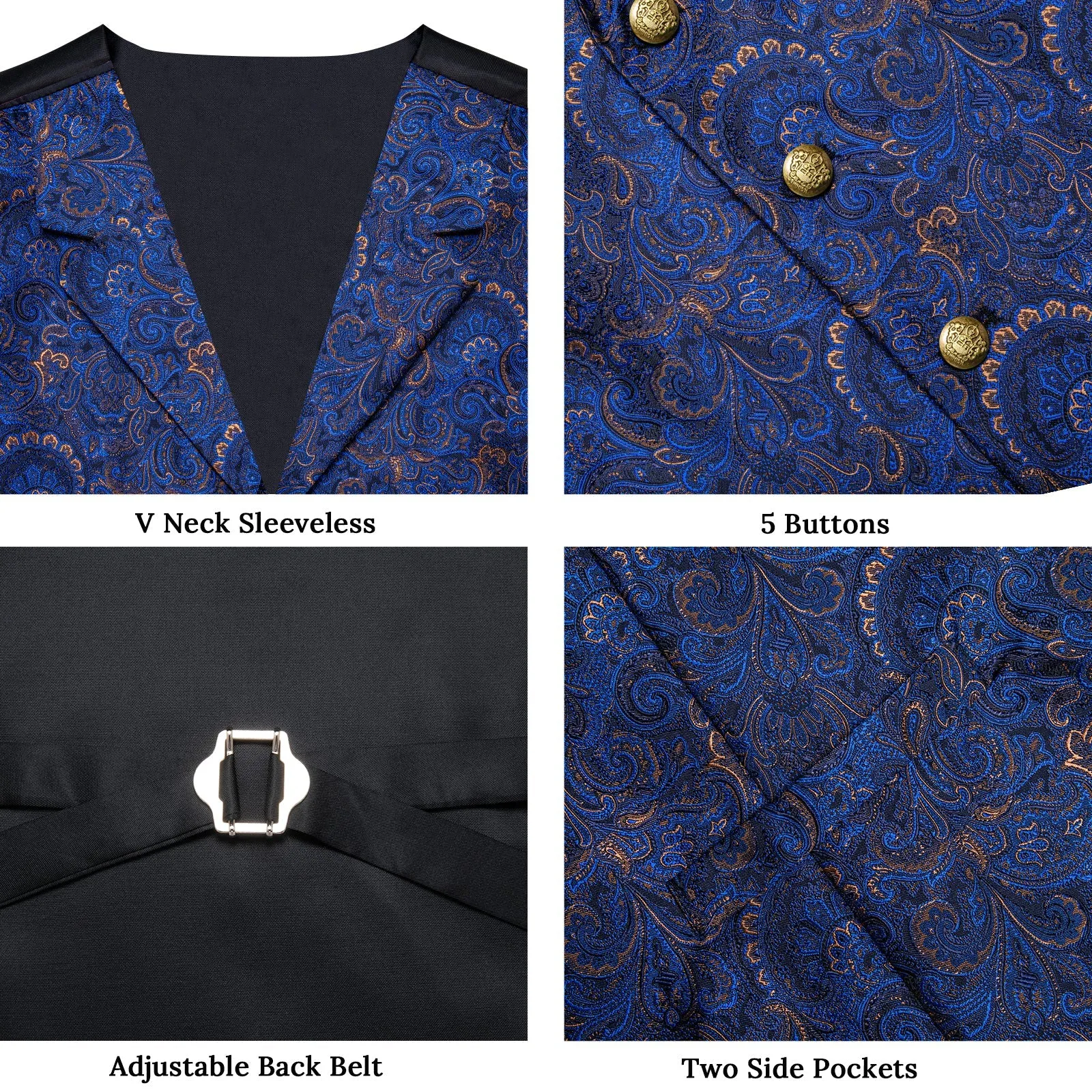 Dark Blue Yellow Luxury Paisley Jacquard Men's Collar Vest Tie Hanky Cufflinks Suit Set