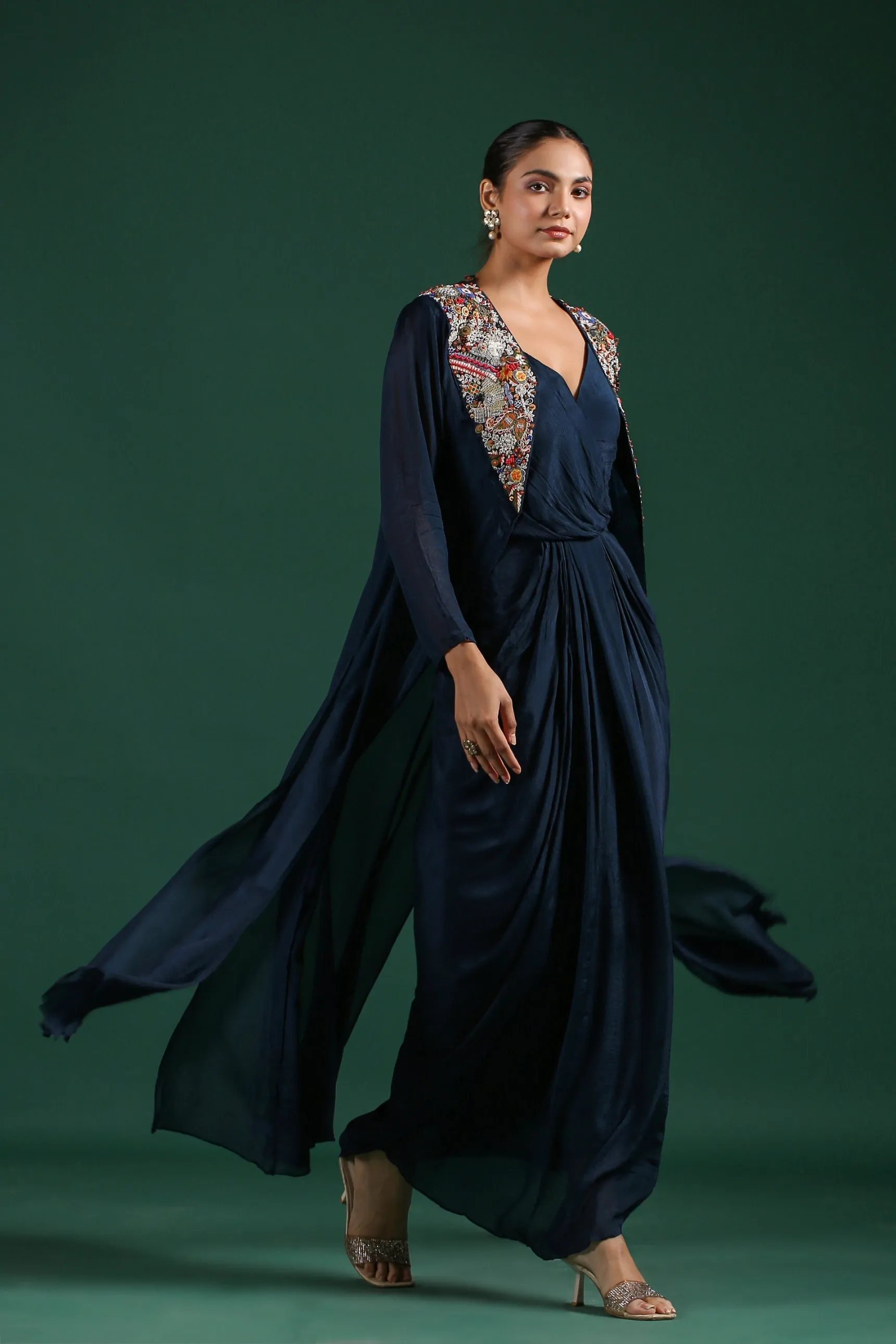 Deep Blue Embroidered Premium Chinon Silk Cape Dress