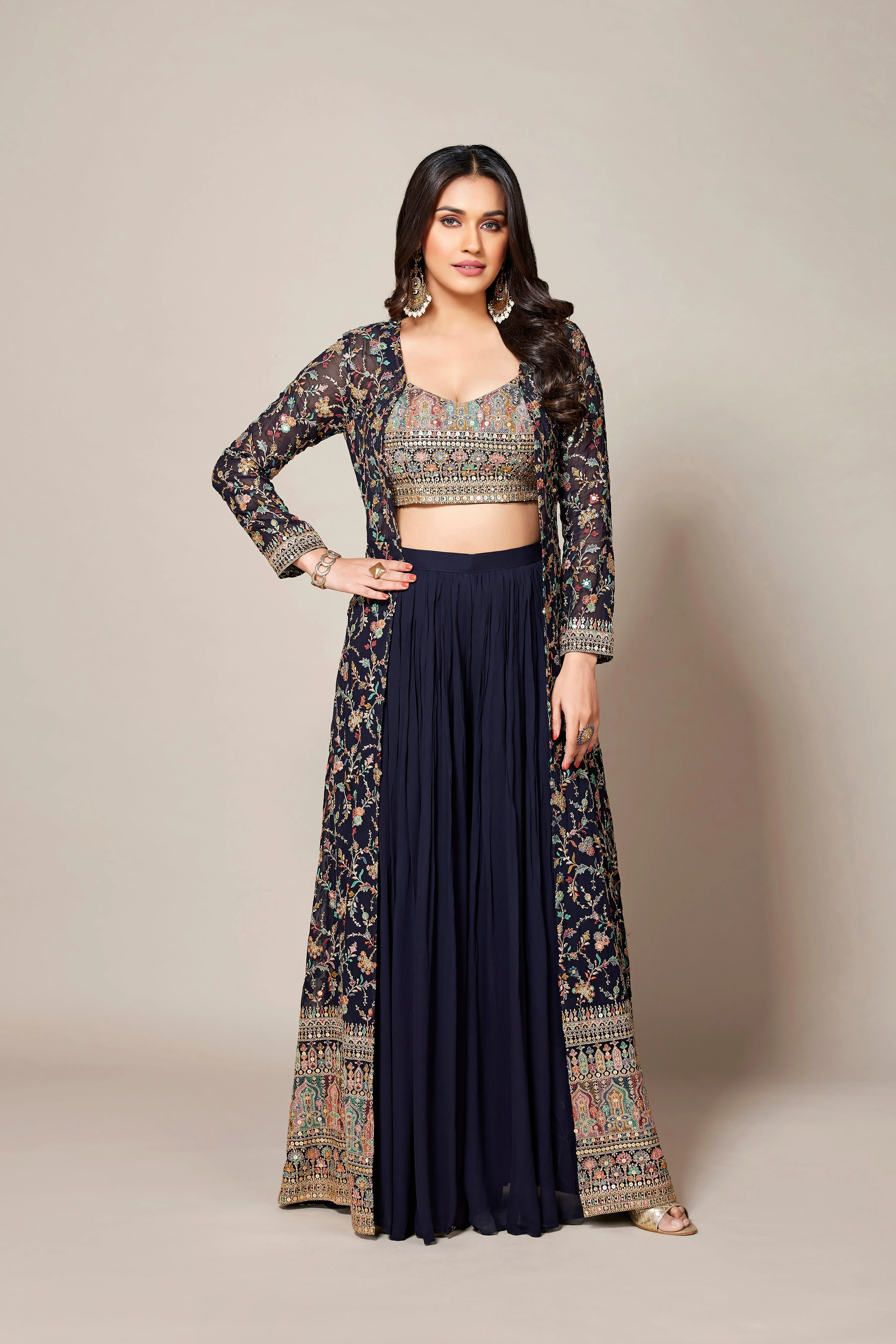 Deep Blue Embroidered Swiss Georgette Silk Cape Set