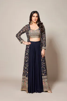 Deep Blue Embroidered Swiss Georgette Silk Cape Set