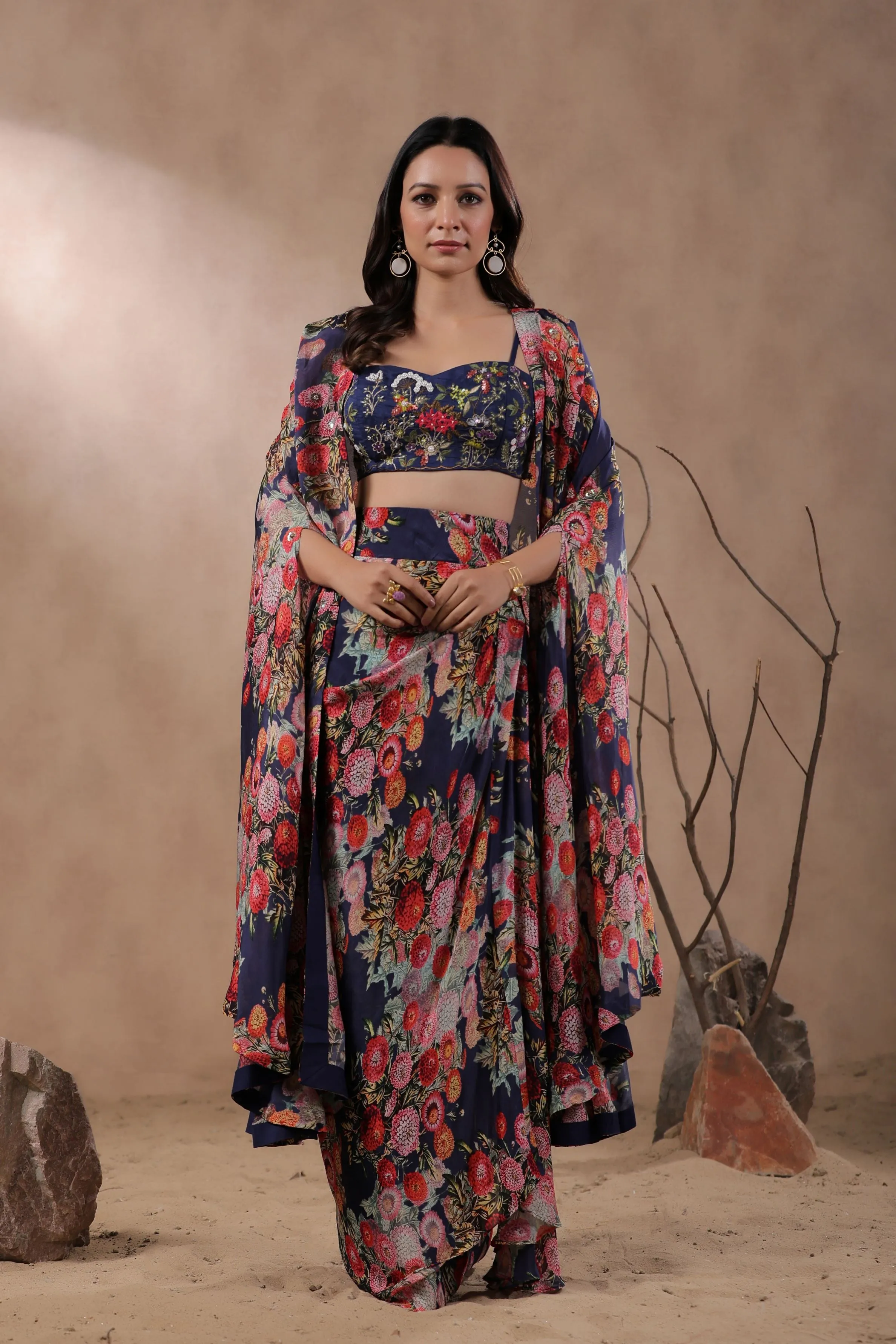 Deep Blue Floral Printed Organza Silk Cape Set