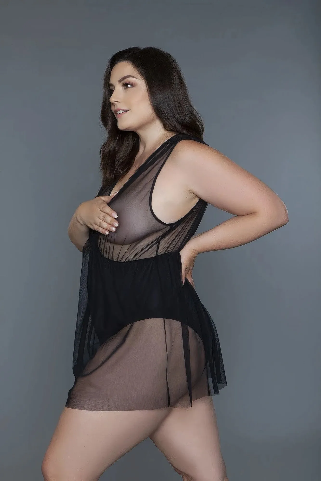 Deep V-Neck Mesh Babydoll – Sheer Black Lingerie, Plus Sizes 1X-3X