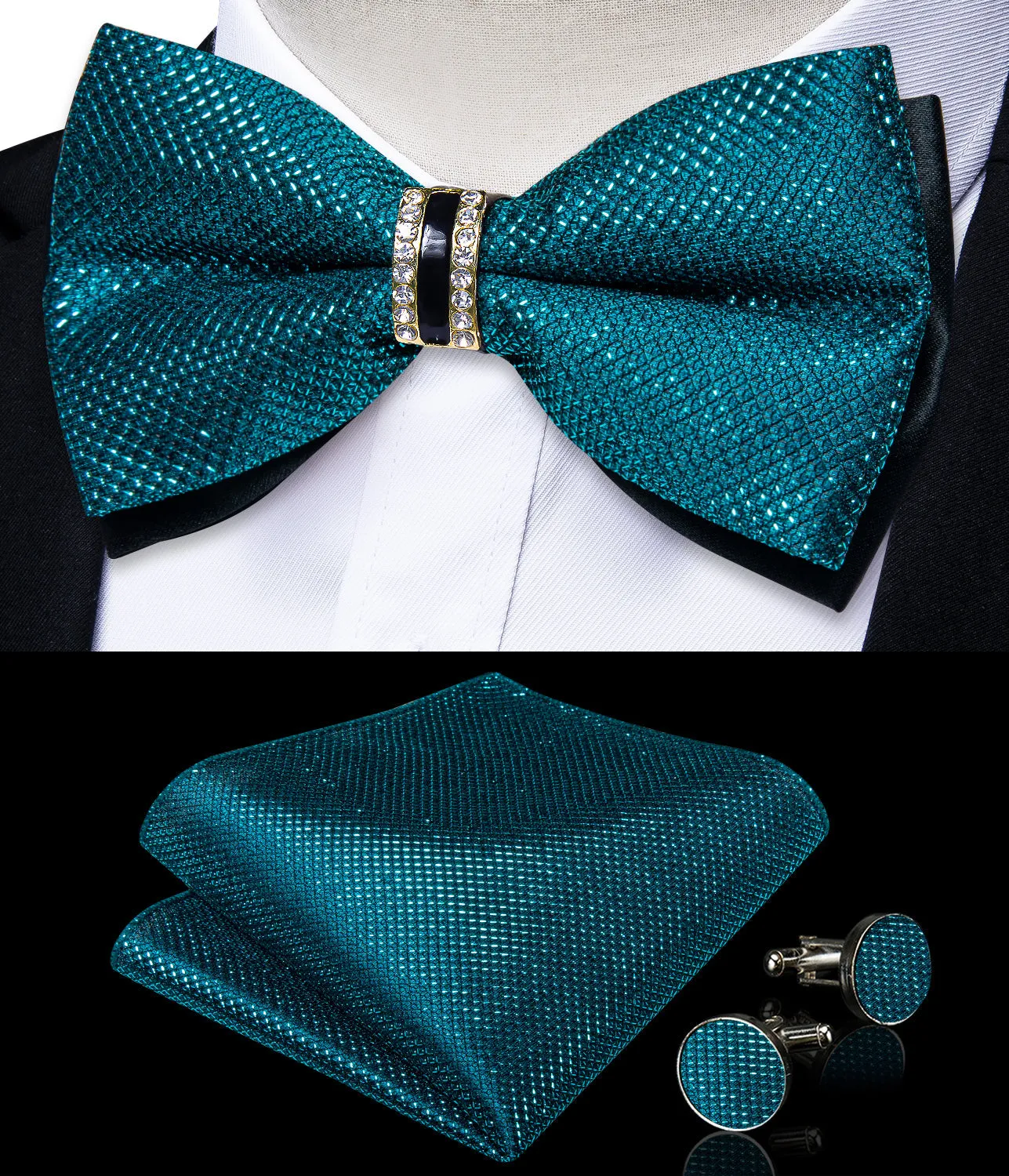 Deep Water Teal Solid Shiny Print Vest Bowtie Hanky Cufflinks Set Waistcoat Suit Set