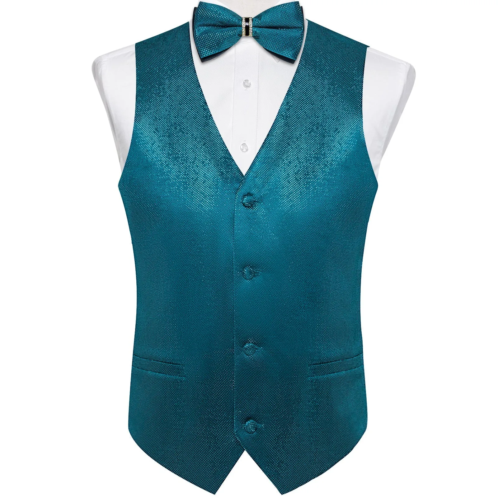 Deep Water Teal Solid Shiny Print Vest Bowtie Hanky Cufflinks Set Waistcoat Suit Set