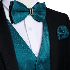 Deep Water Teal Solid Shiny Print Vest Bowtie Hanky Cufflinks Set Waistcoat Suit Set