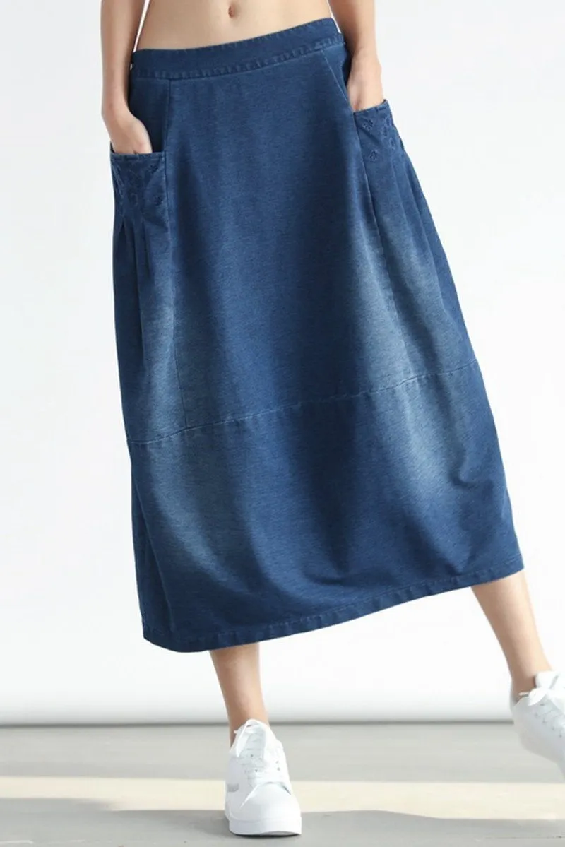 Denim Pocket Cotton Skirt Simple Women Clothes