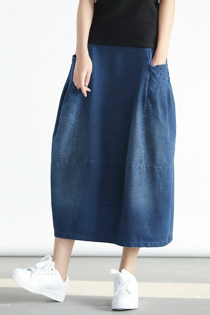 Denim Pocket Cotton Skirt Simple Women Clothes