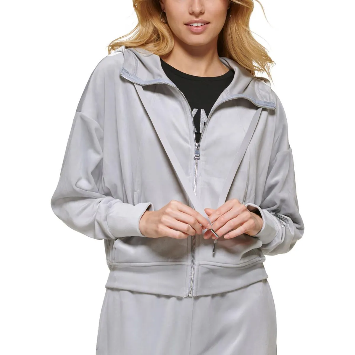 DKNY Womens Velour Sequined Zip Hoodie