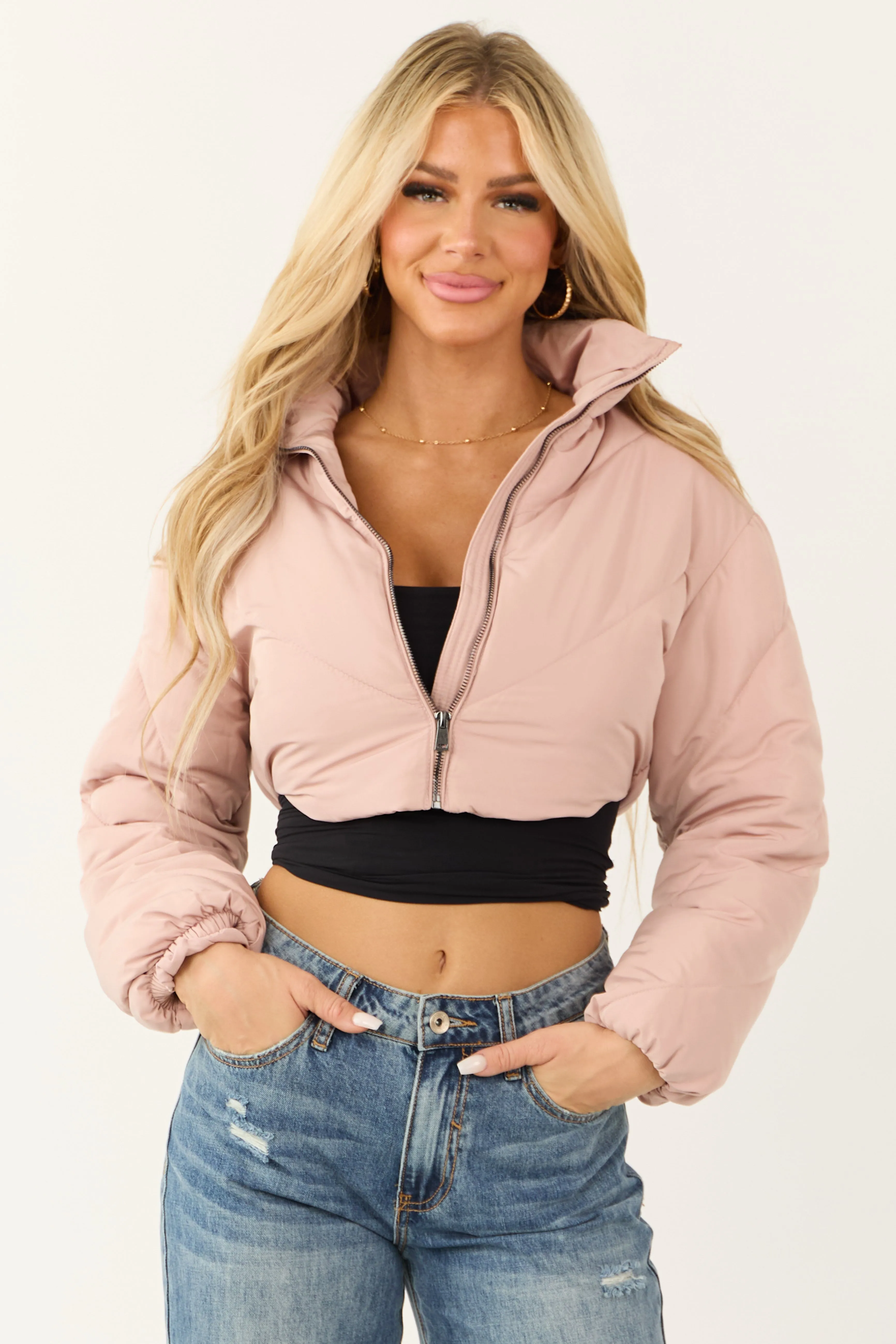 Dusty Blush Super Cropped Zip Up Puffer Jacket