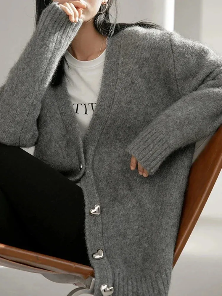 Elegant Fashion Korean Women's V-neck Knitted Cardigan Autumn Solid Color Loose Long Sleeved Women Sweater Top Simple Sweet