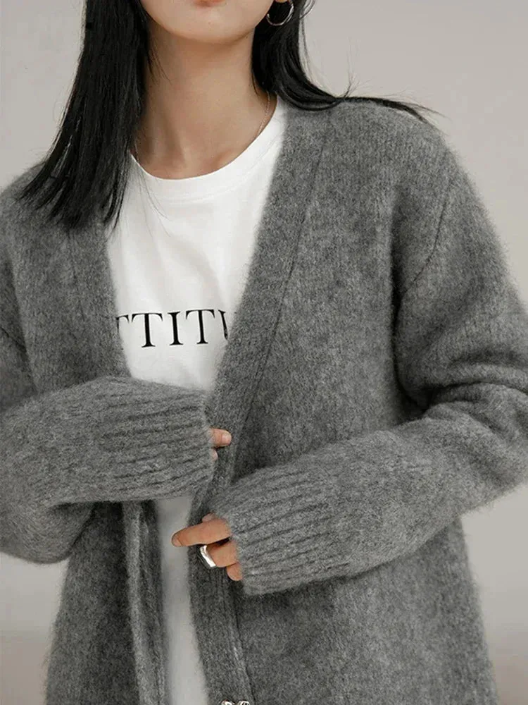 Elegant Fashion Korean Women's V-neck Knitted Cardigan Autumn Solid Color Loose Long Sleeved Women Sweater Top Simple Sweet