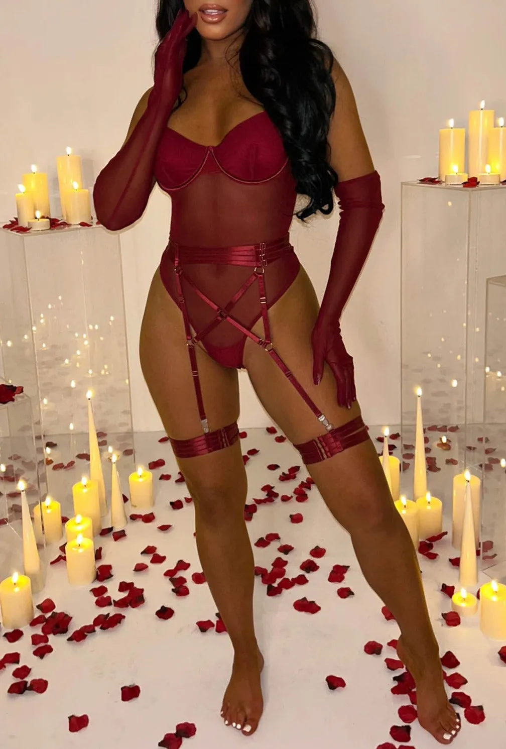 Entice Me Red Sheer Mesh 3-Piece Lingerie Set