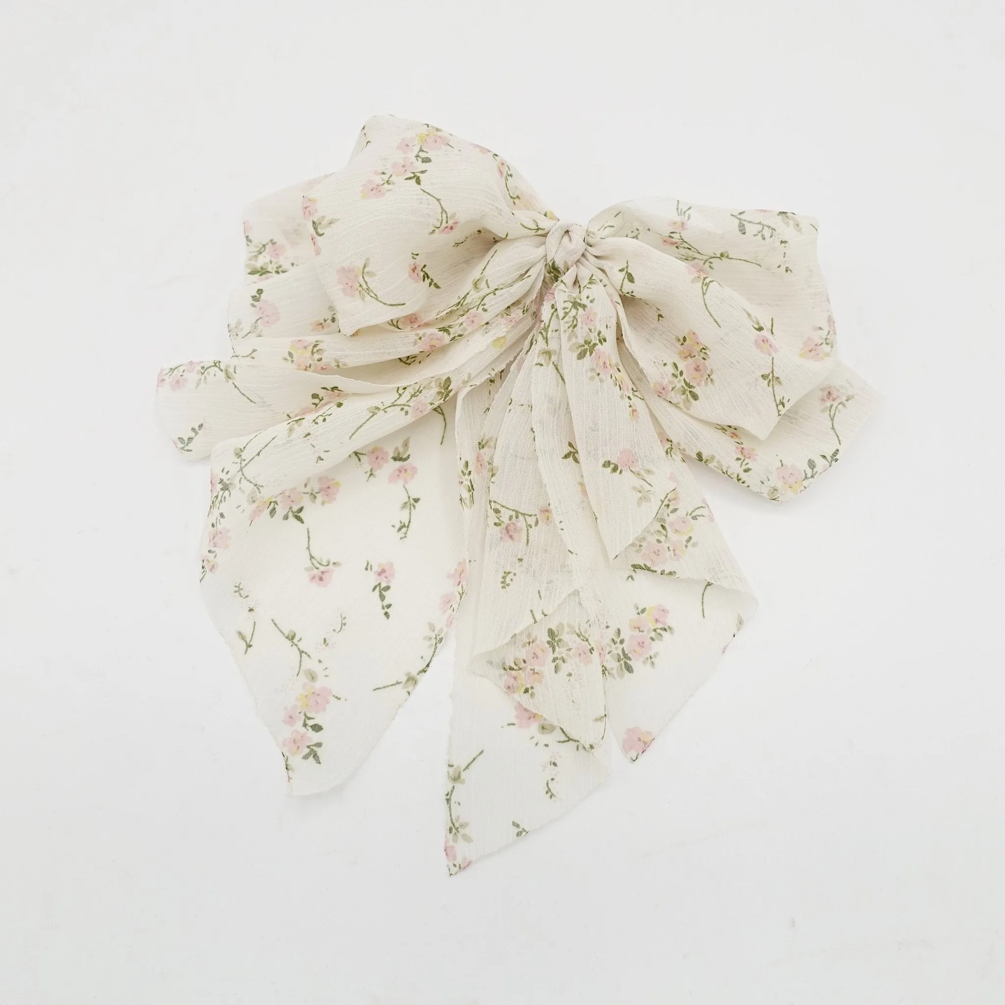 floral chiffon bow double layered tail bow hair barrette for women