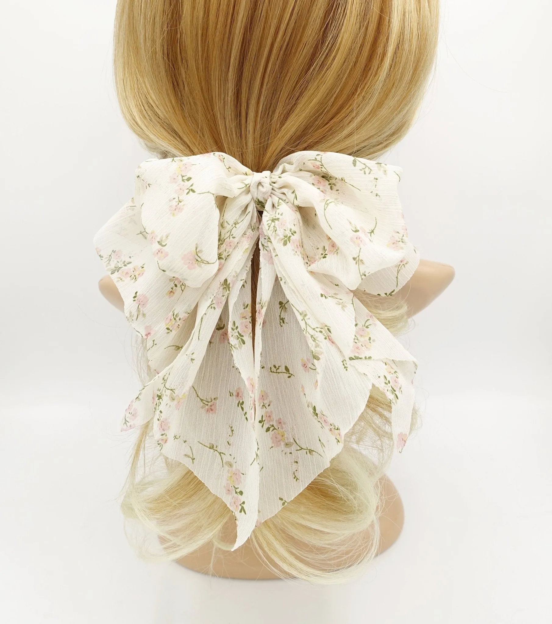 floral chiffon bow double layered tail bow hair barrette for women