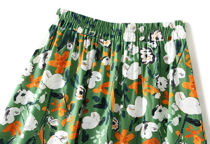 Floral Pleated High Waist A-Line Skirt