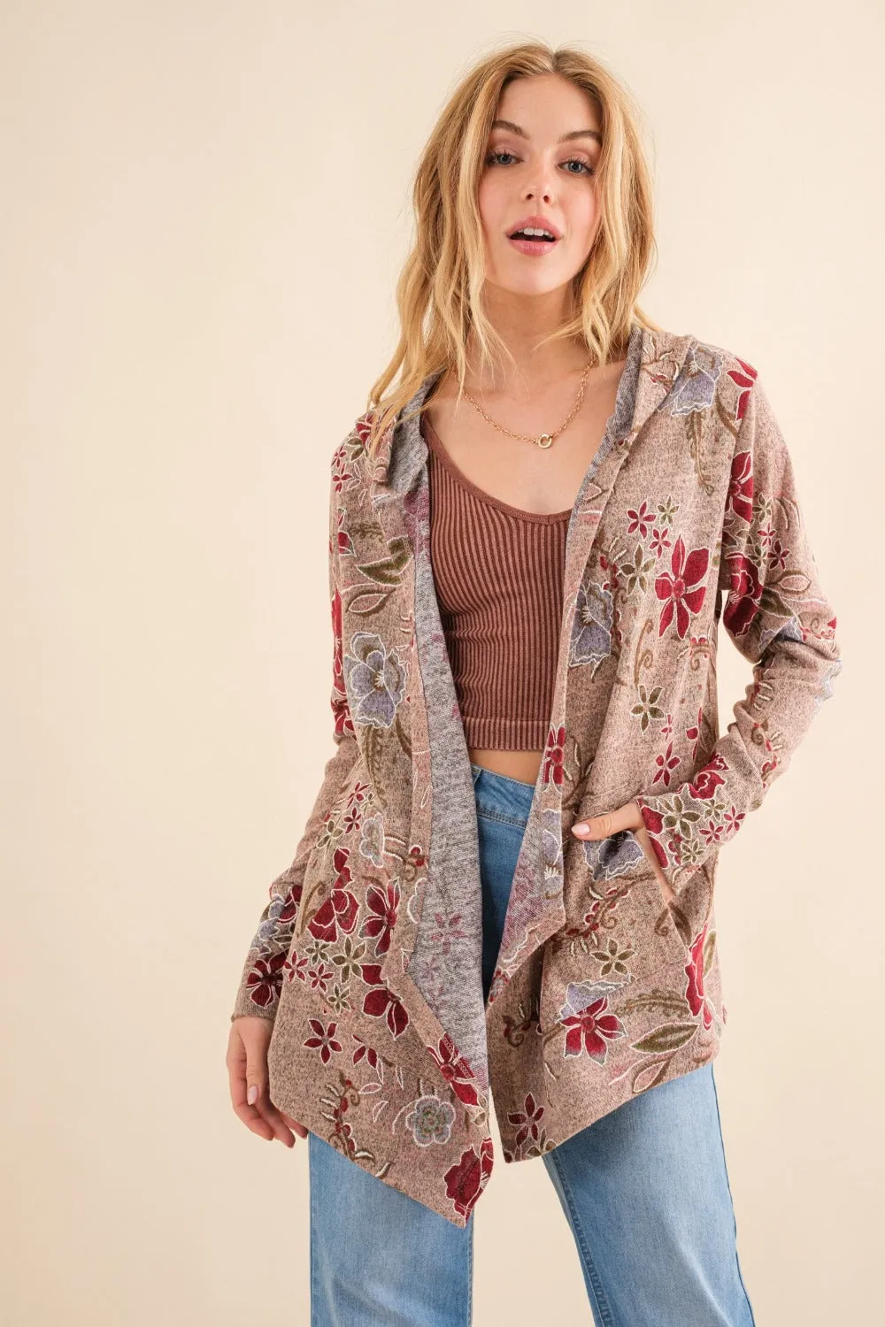 Floral Thermal Hooded Open Front Cardigan