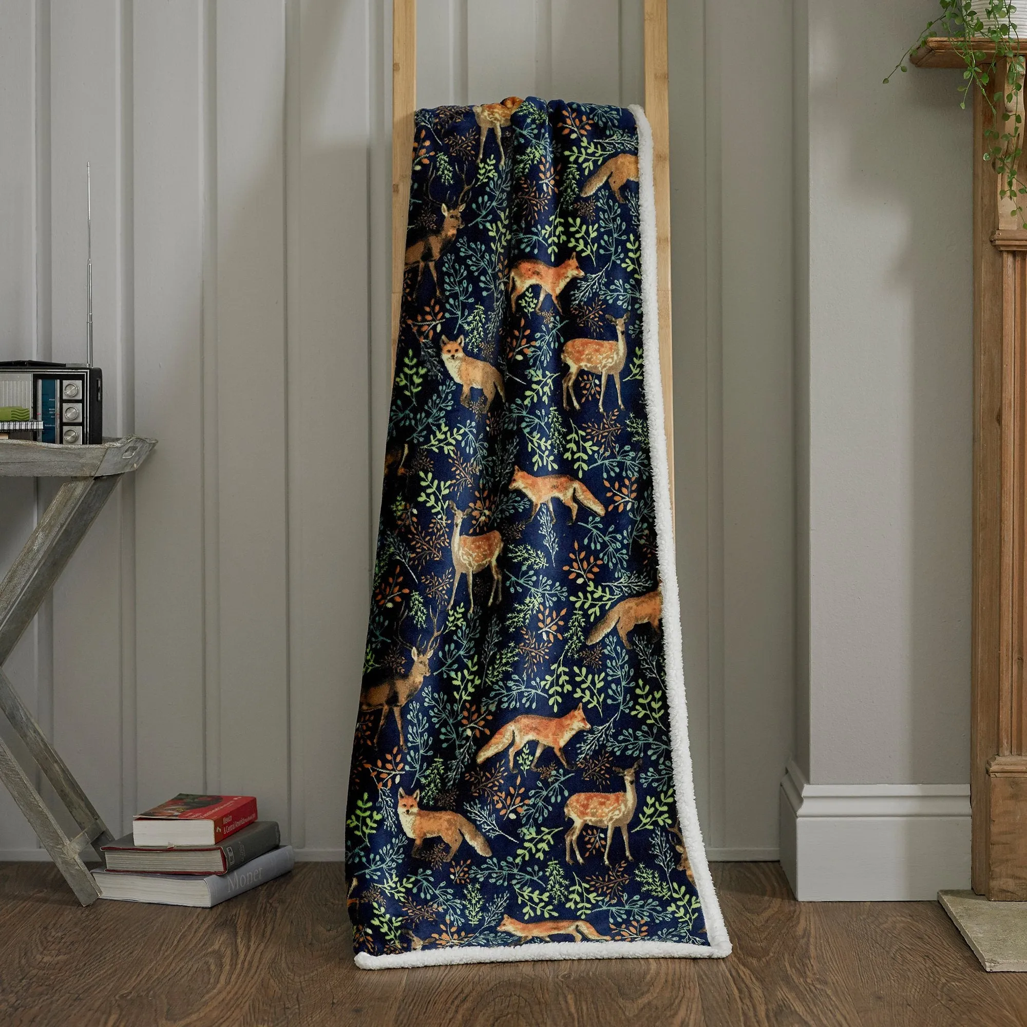 Fox & Deer Printed Sherpa Throw - Blue