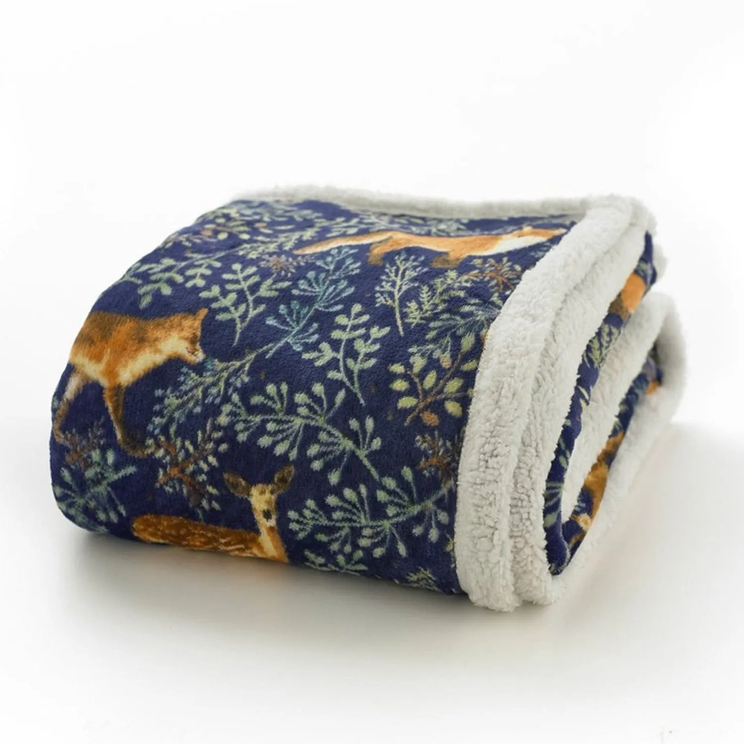 Fox & Deer Printed Sherpa Throw - Blue