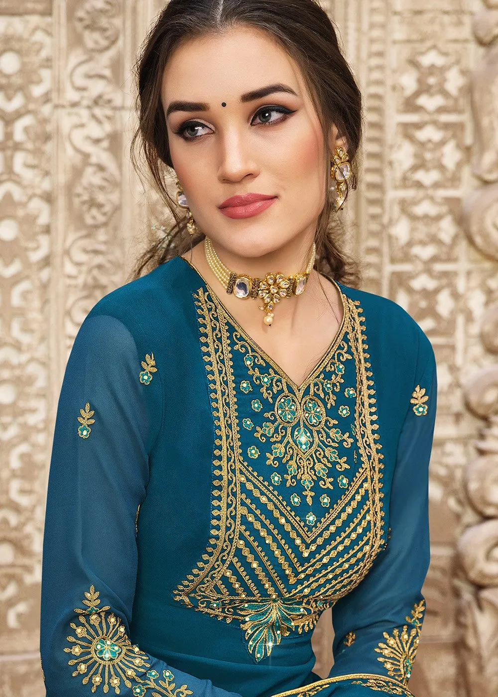 Georgette Teal Blue Heavy Embroidered Pant Suit