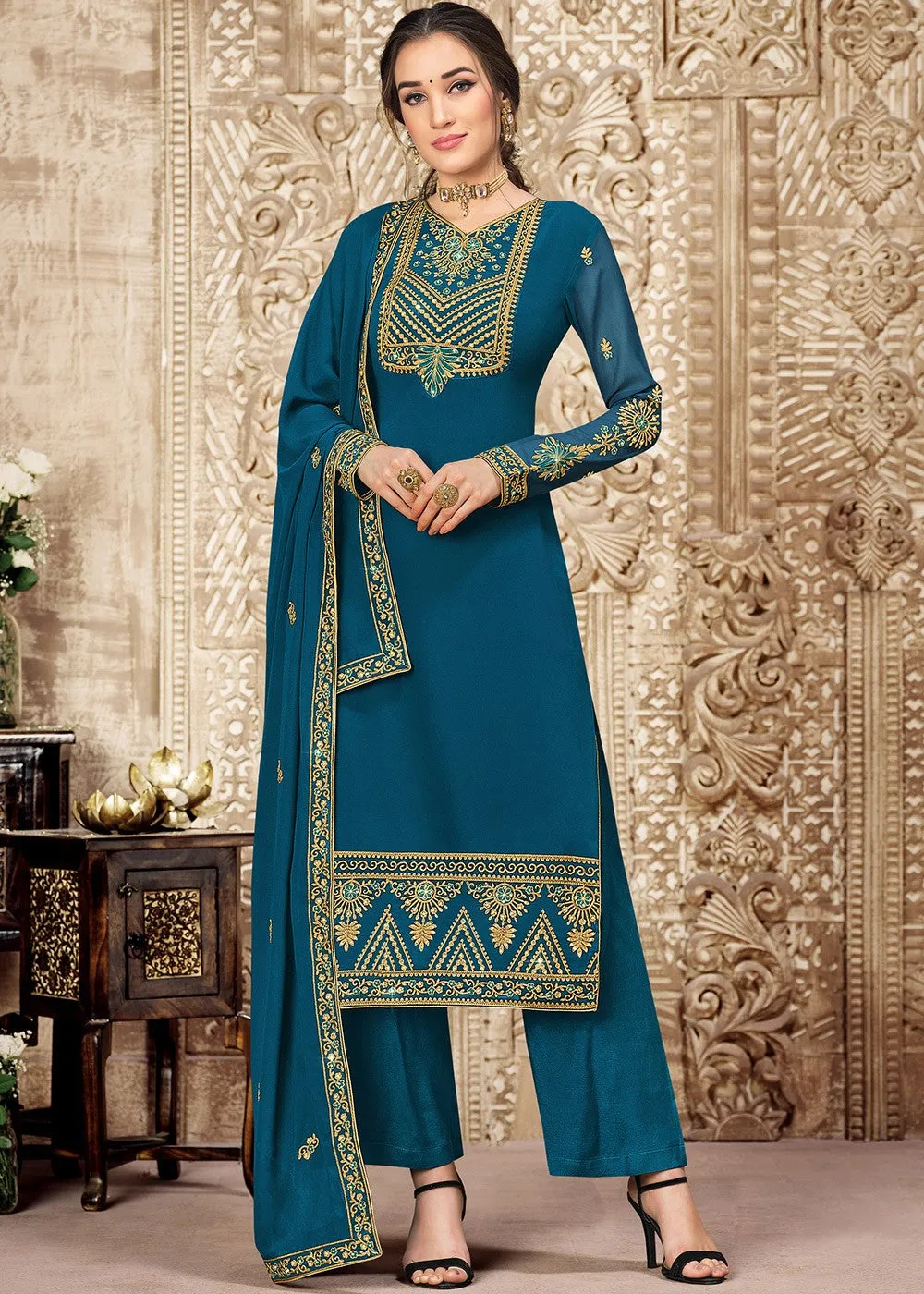 Georgette Teal Blue Heavy Embroidered Pant Suit