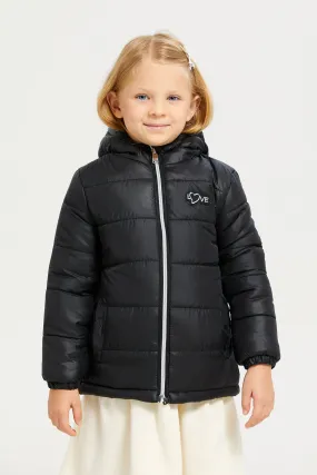 Girls Black Puffer Hooded Jacket