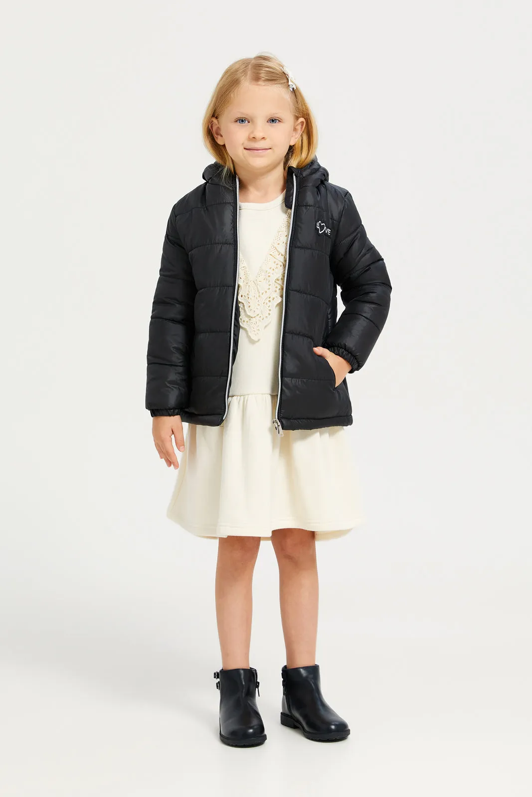 Girls Black Puffer Hooded Jacket