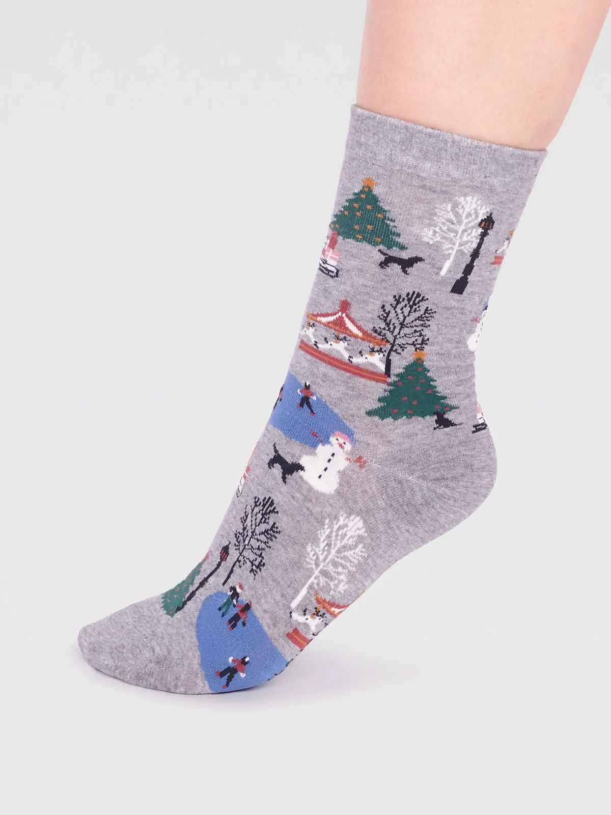 Gloria Organic Cotton Christmas Scene Sock - Grey Marle