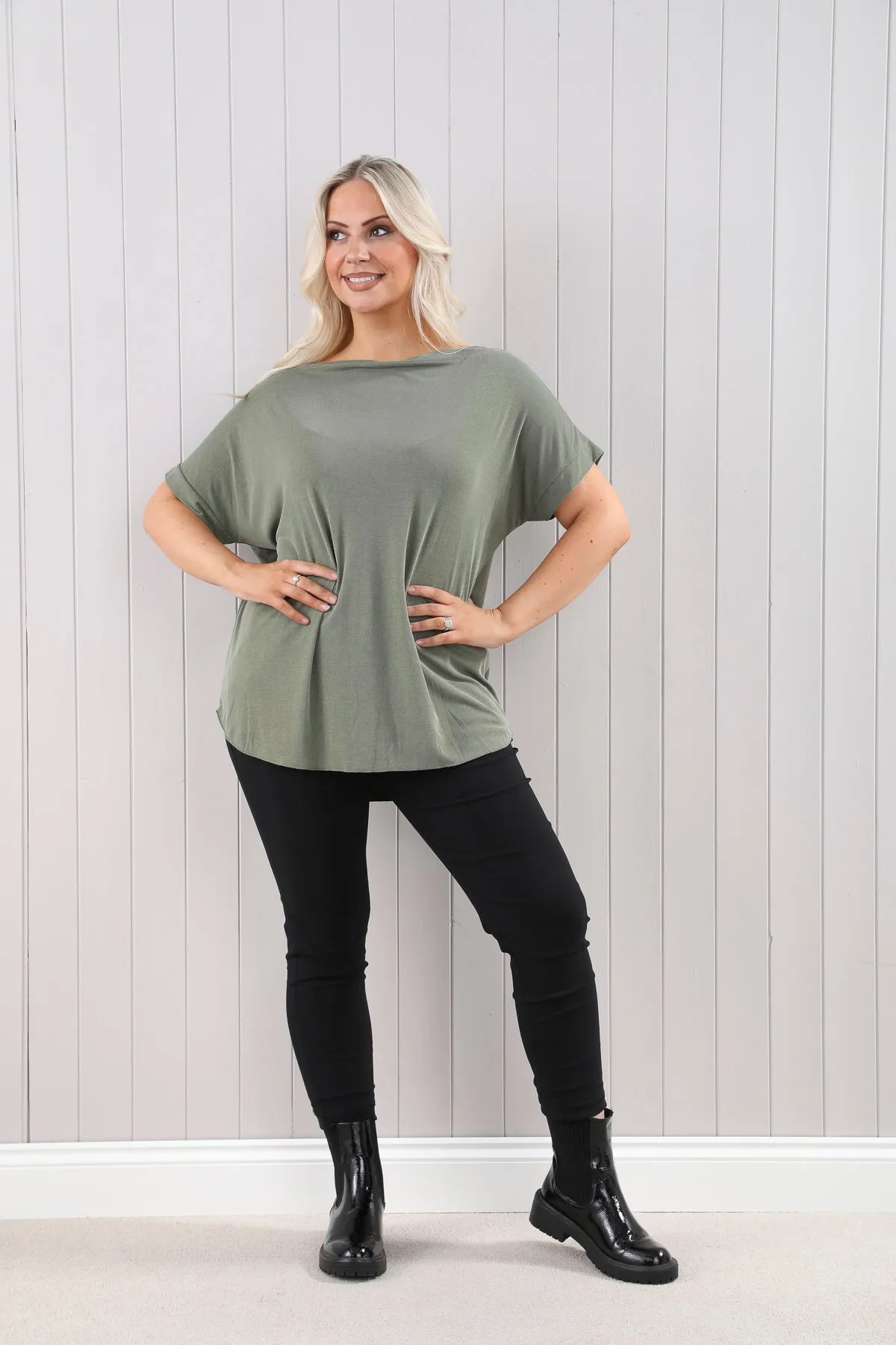 Goose Island Sorrento Plain Stretchy Fine Ribbed Slash Neck Top (3 Colours)