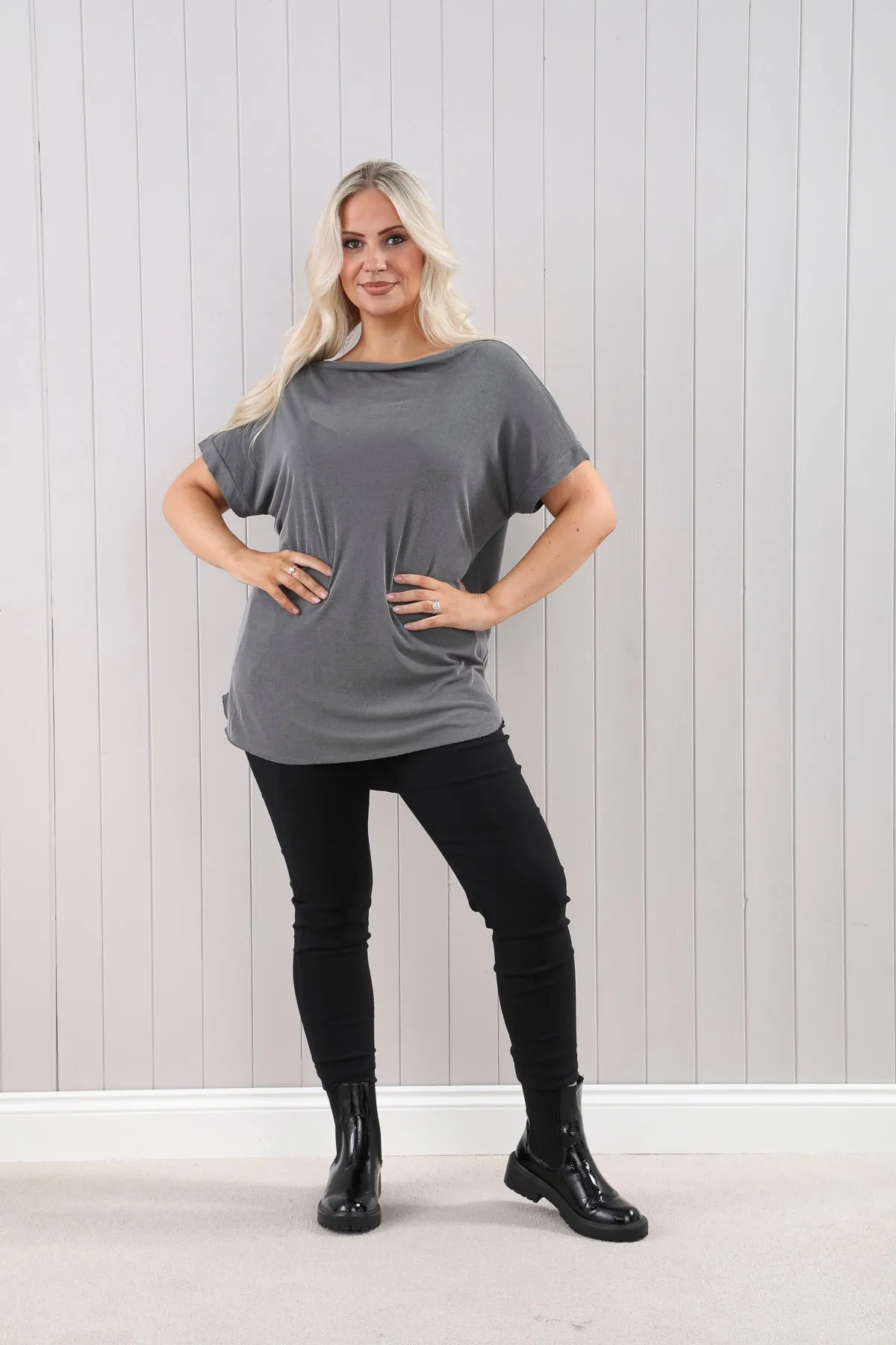 Goose Island Sorrento Plain Stretchy Fine Ribbed Slash Neck Top (3 Colours)