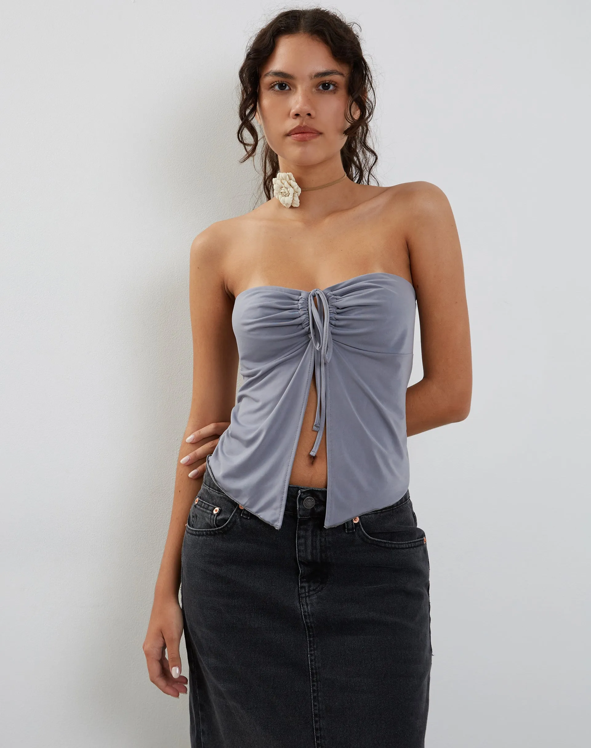 Greta Tie Front Bandeau Top in Grey