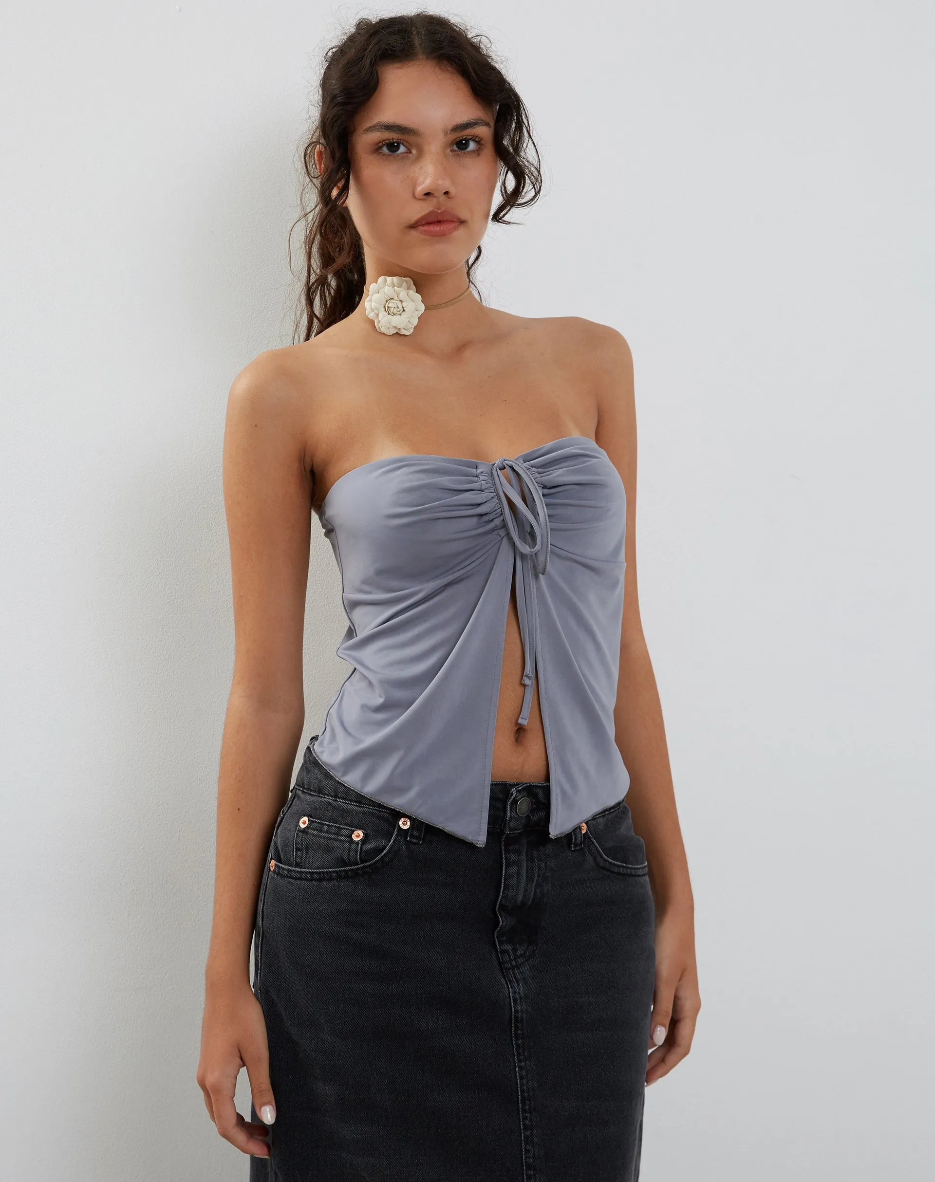 Greta Tie Front Bandeau Top in Grey