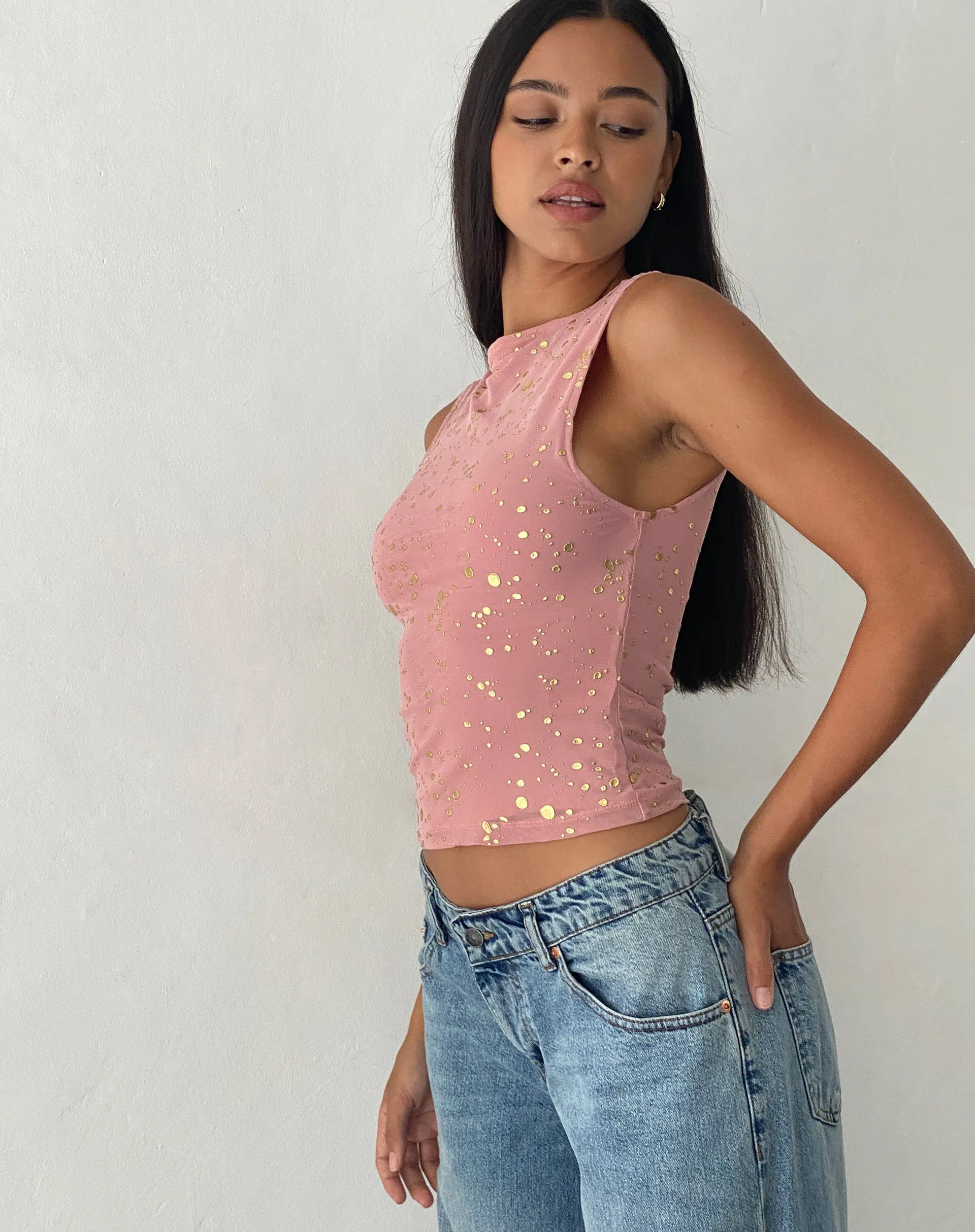 Hala Vest Top in Pink with Rose Gold Foil