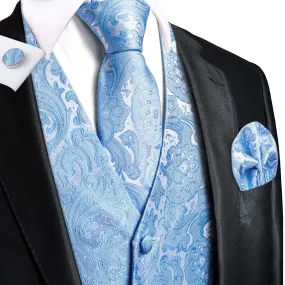 Hi-Tie Baby Blue Paisley Silk Men's Vest Hanky Cufflinks Necktie Set