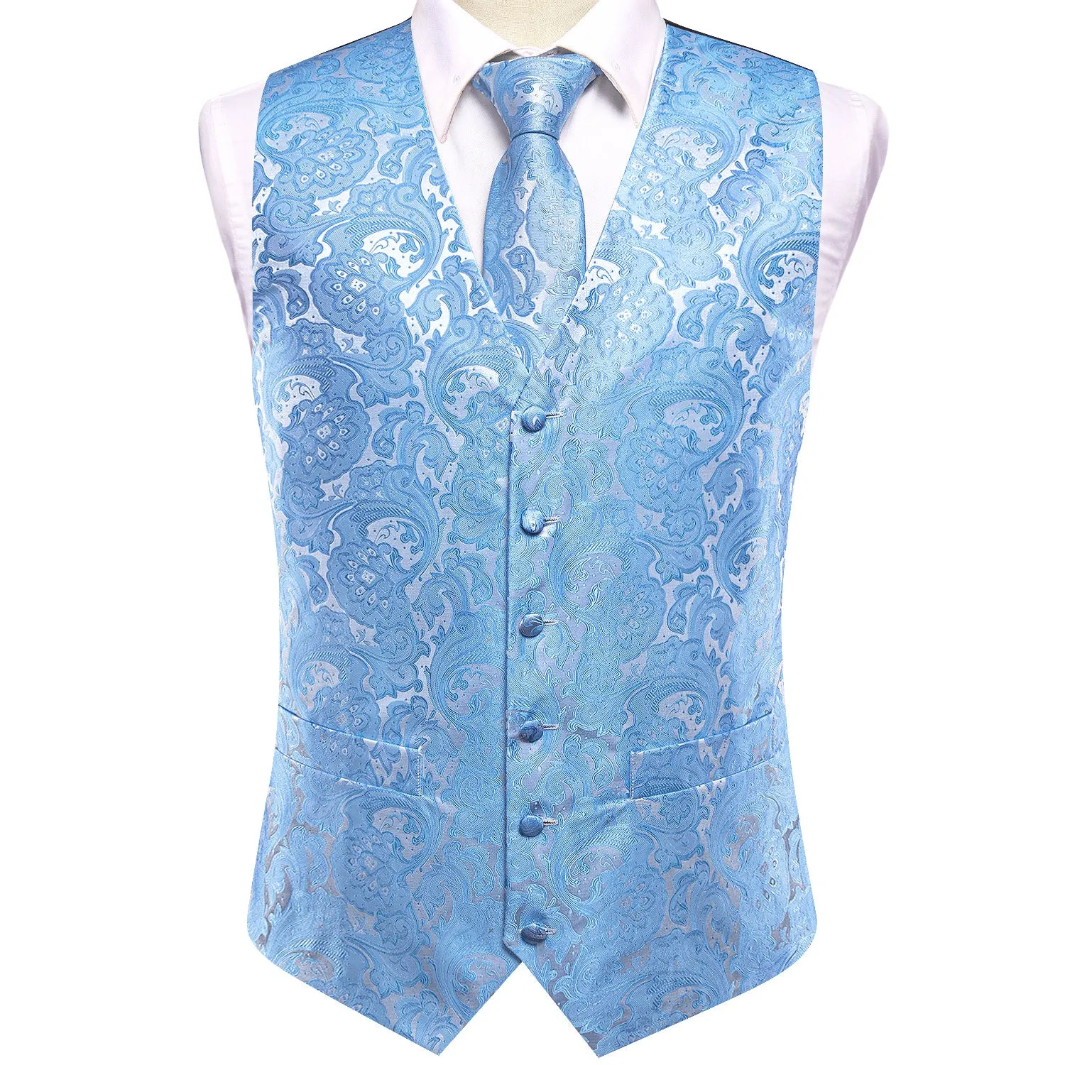 Hi-Tie Baby Blue Paisley Silk Men's Vest Hanky Cufflinks Necktie Set