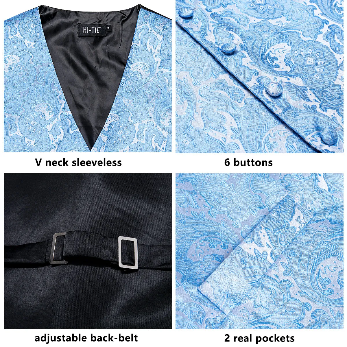 Hi-Tie Baby Blue Paisley Silk Men's Vest Hanky Cufflinks Necktie Set