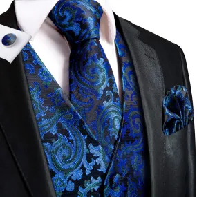 Hi-Tie Black Blue Paisley Novelty Silk Wedding Men's Vest Necktie Set