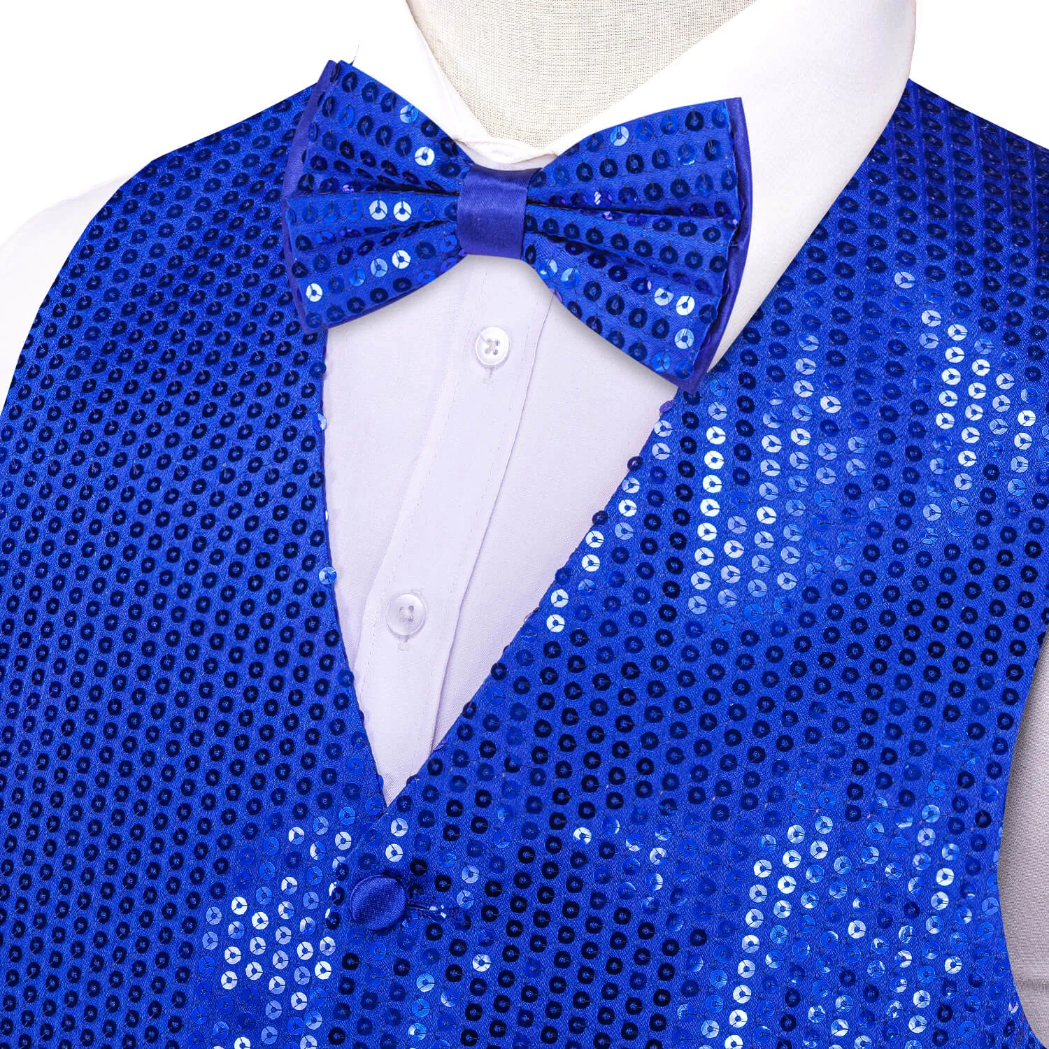 Hi-Tie Mens Sequin Vest Blue Bowtie Waistcoat Set