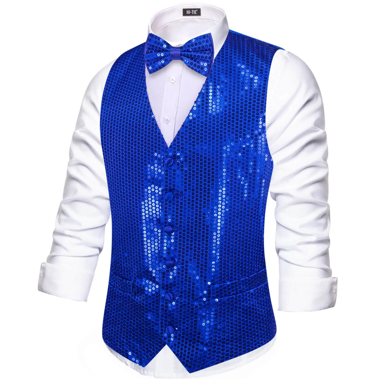 Hi-Tie Mens Sequin Vest Blue Bowtie Waistcoat Set