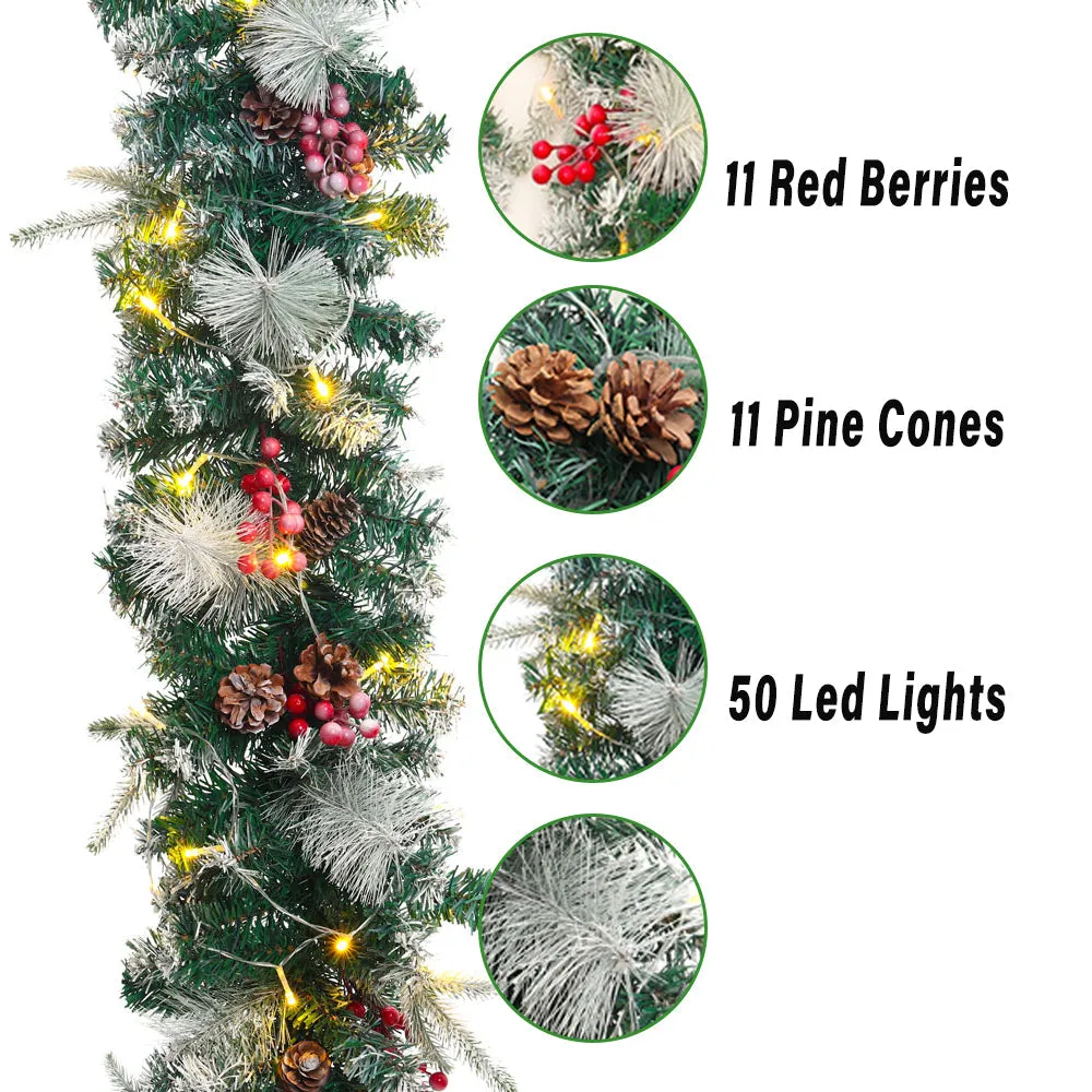 Indoor Christmas Garland LED Frosted Pine Needles Decor for Fireplace