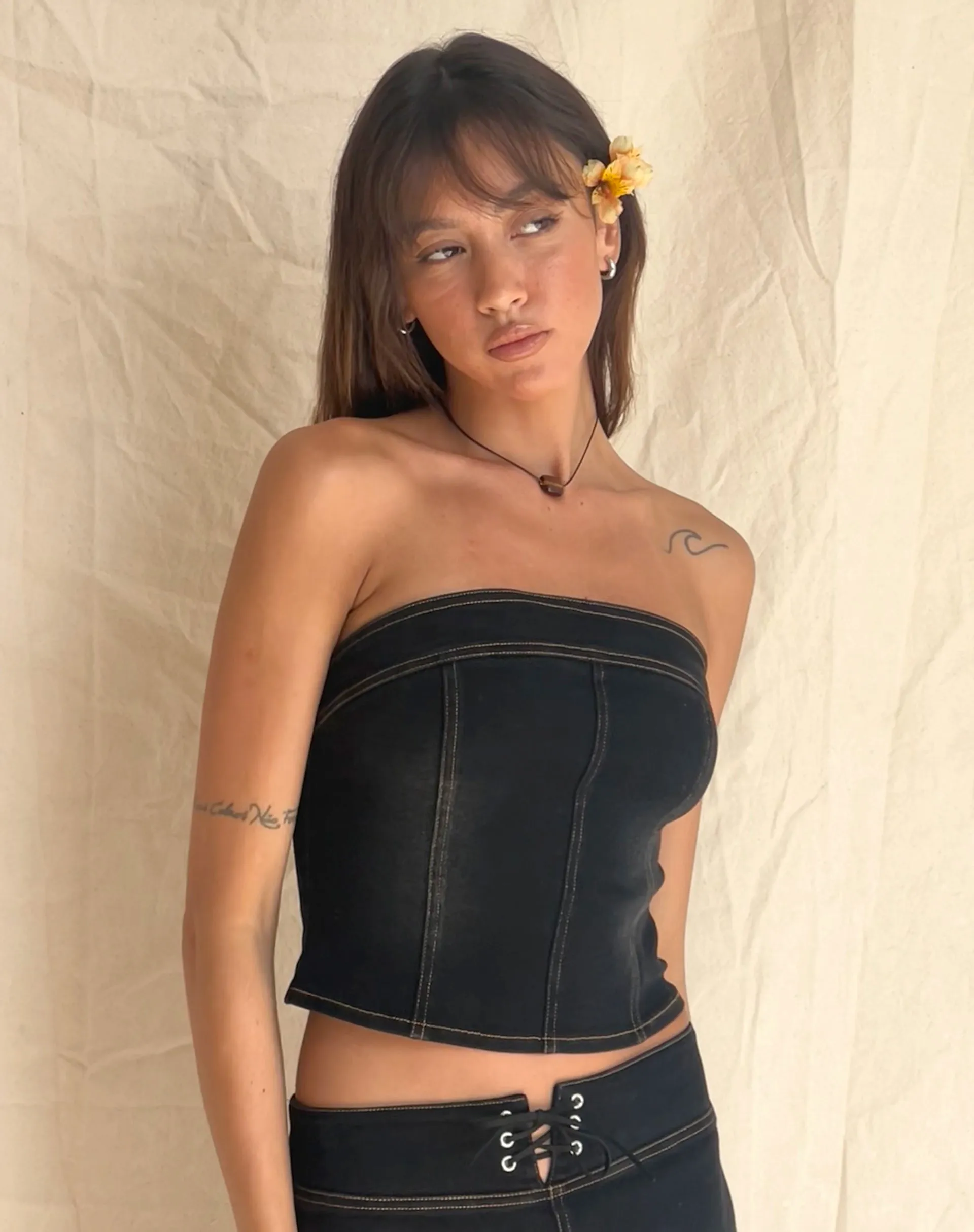 Kaiha Denim Bandeau Corset Top in Black Wash