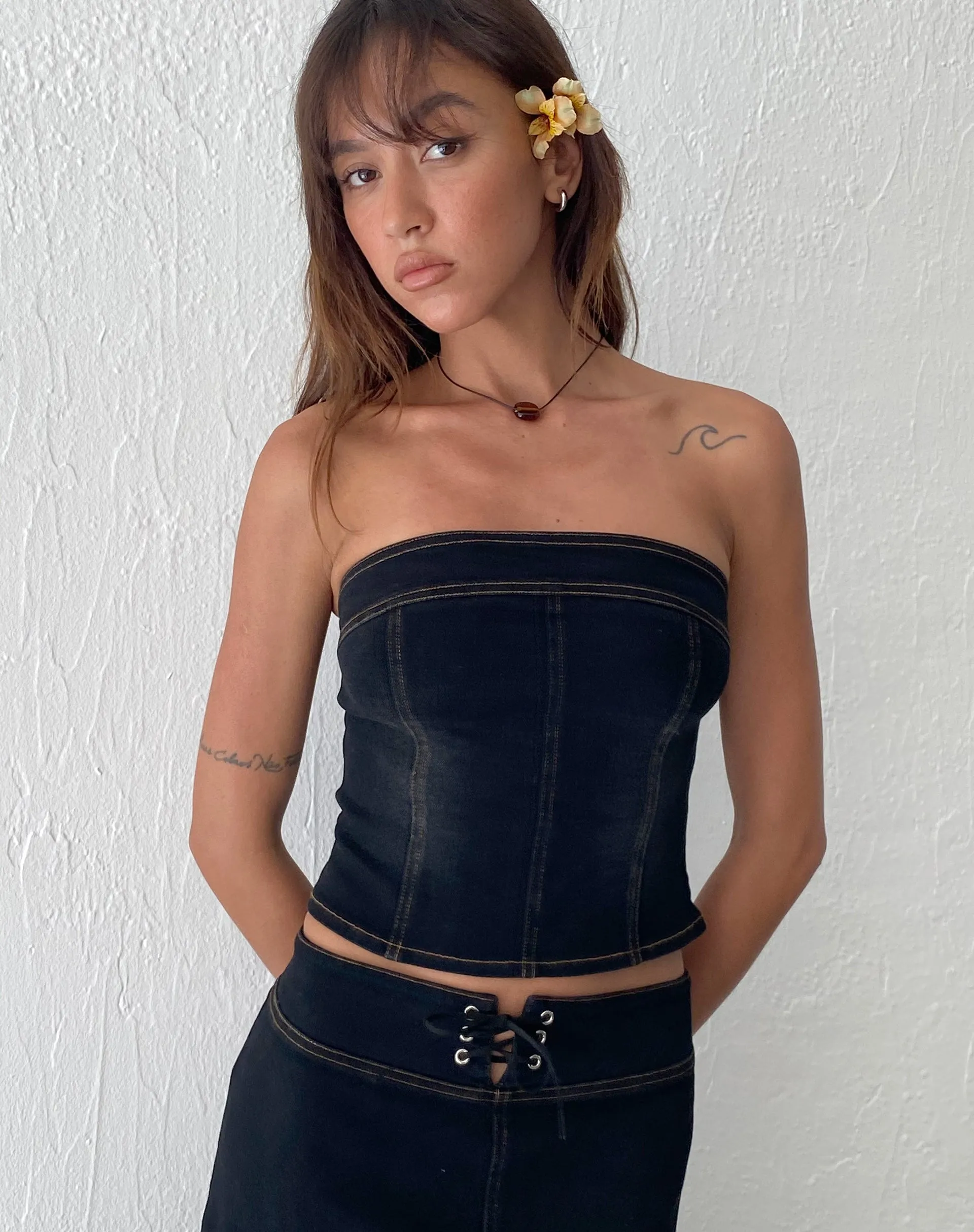 Kaiha Denim Bandeau Corset Top in Black Wash