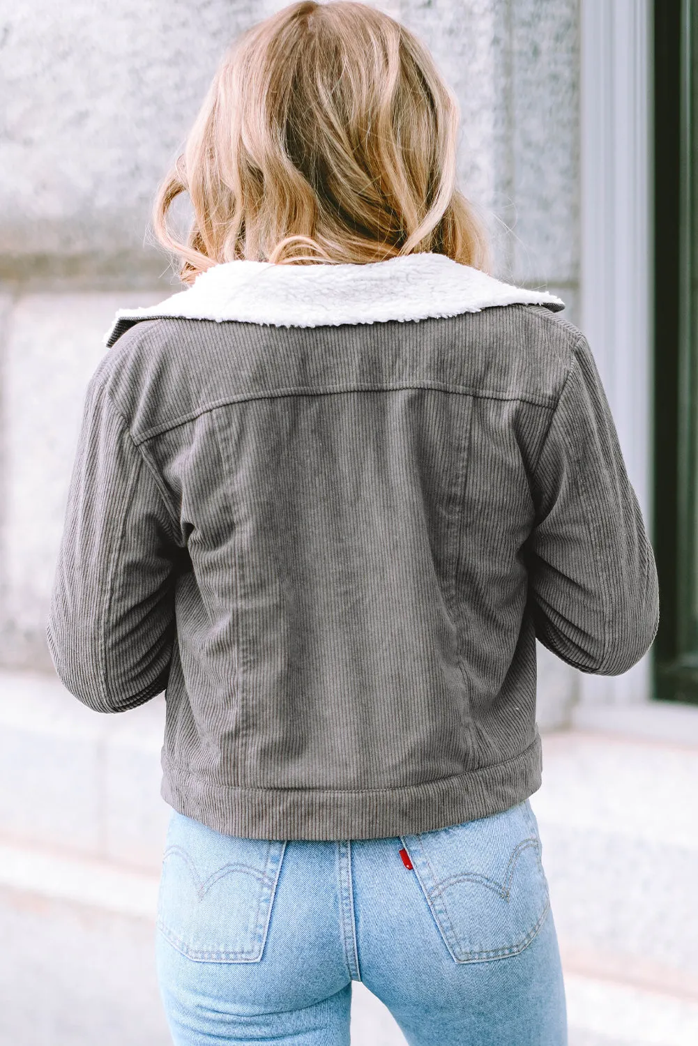 Khaki Corduroy Sherpa Snap Button Flap Jacket