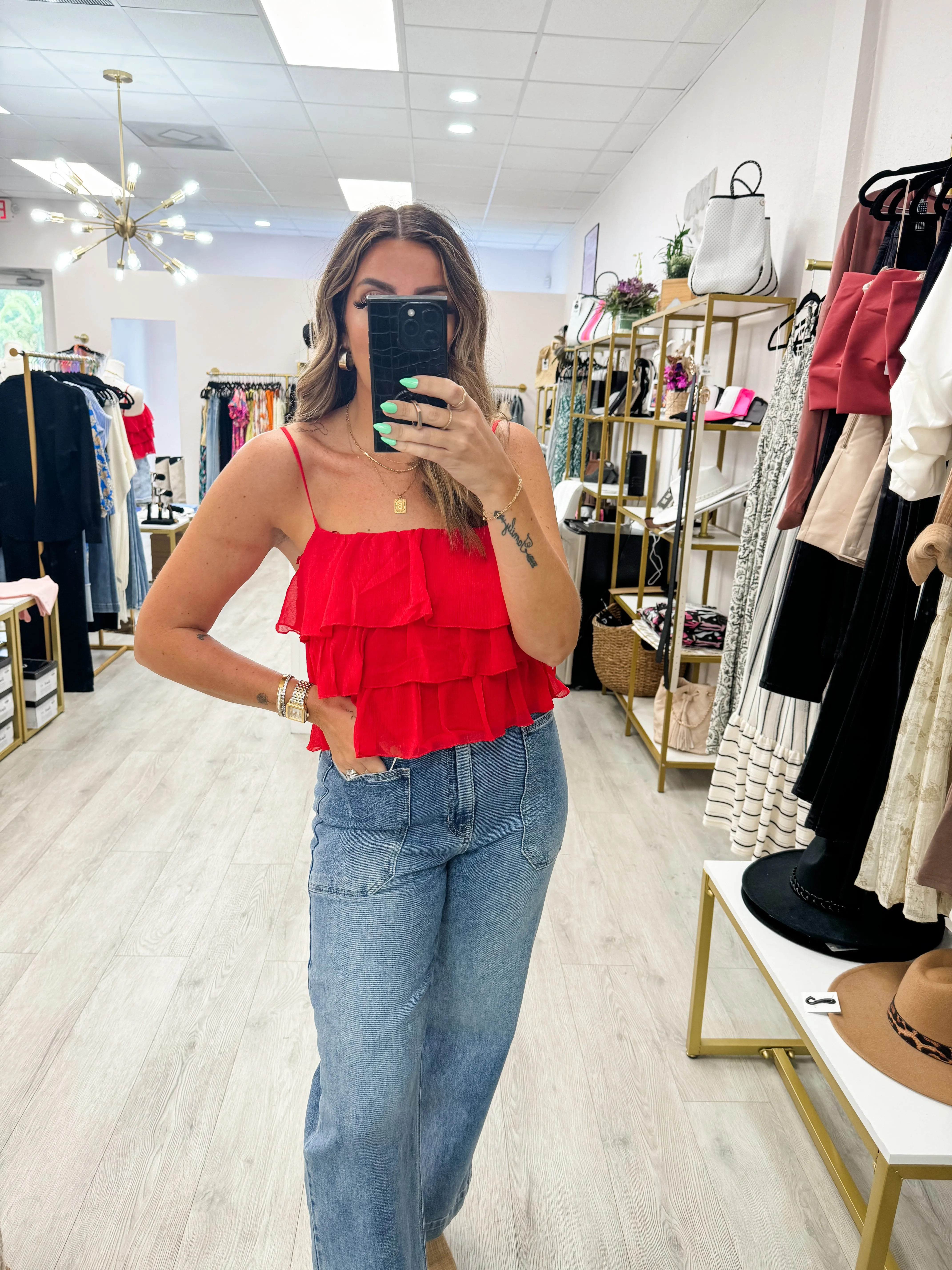 L-Skinny Strap Ruffle Top