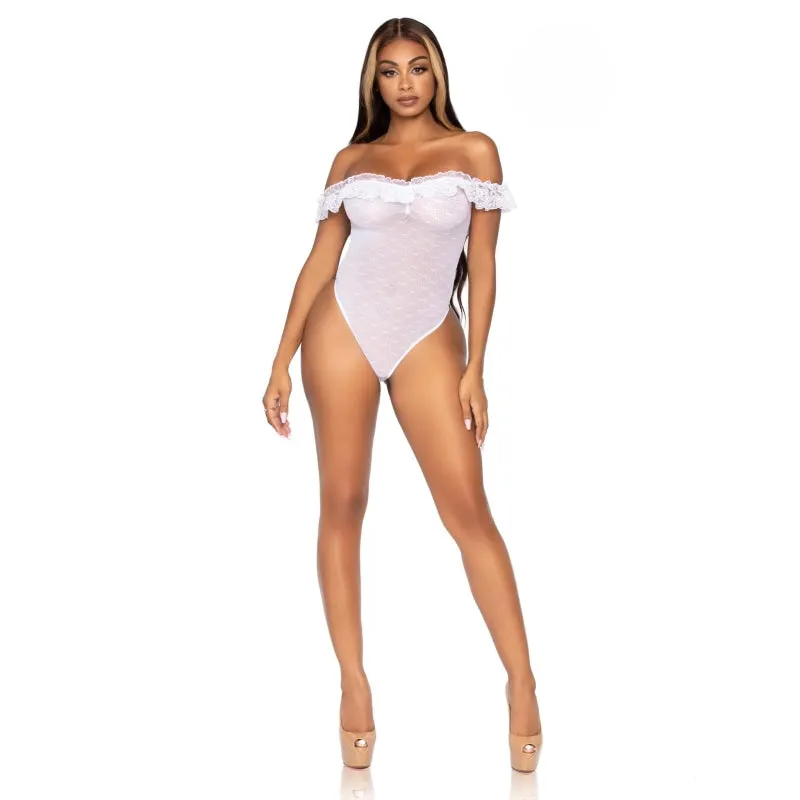 Lace Ruffle Snap Crotch Teddy - One Size - White