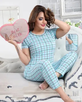 Ladies Cotton Printed Blue Nightsuit Top Pyjama Sets Nightwear