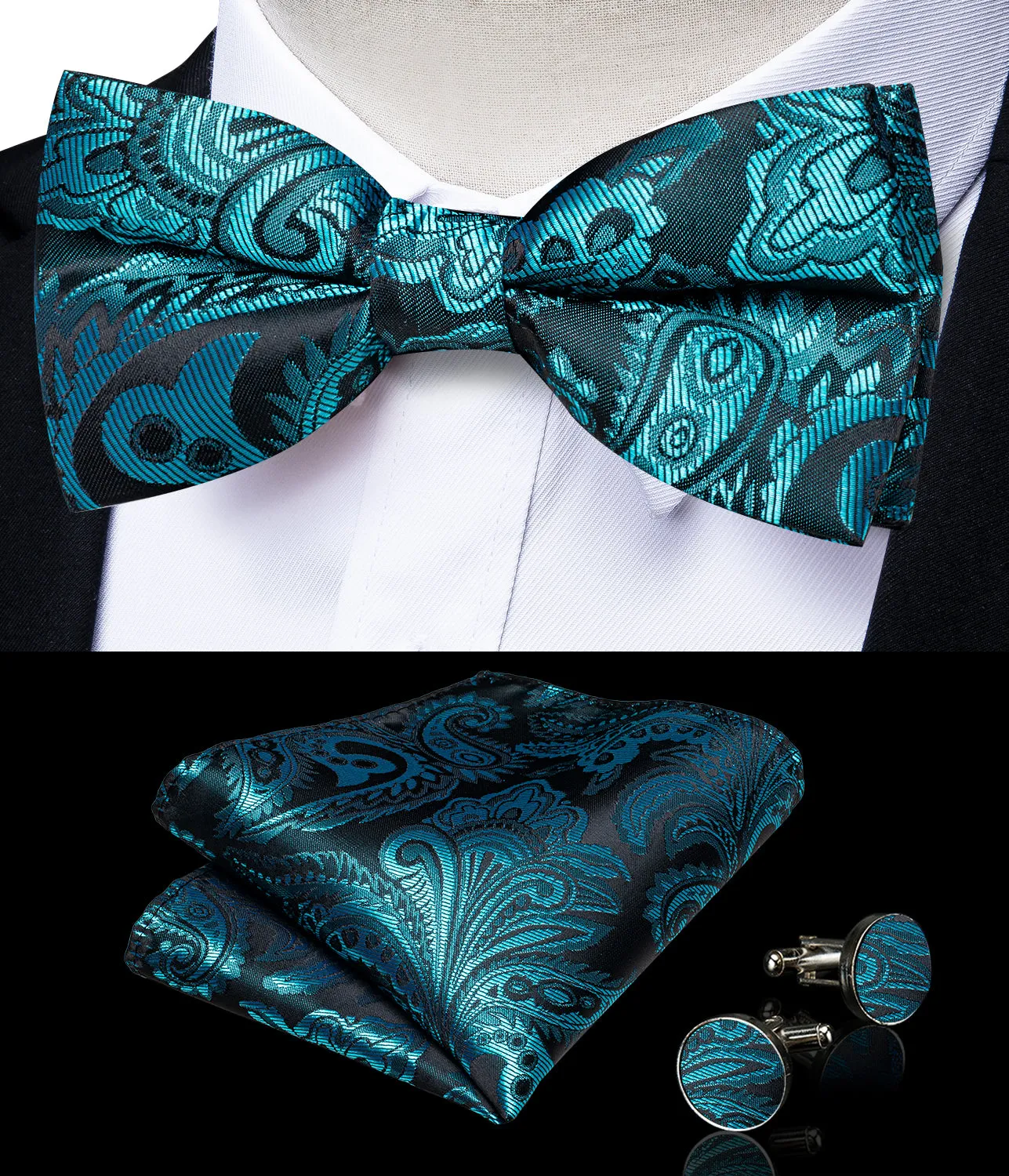 Lake Blue Paisley Silk Men's Collar Vest Bow Tie Handkerchief Cufflinks Set Waistcoat Suit Set