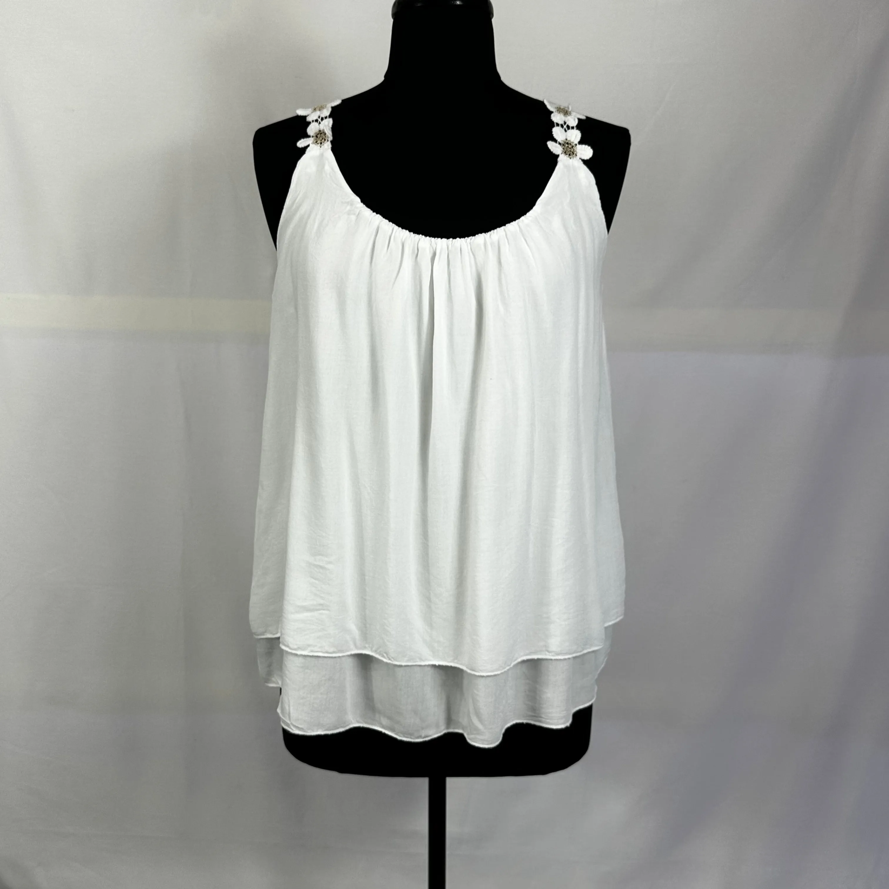 Layered Italian Blouse With Floral Straps Sleeveless Top