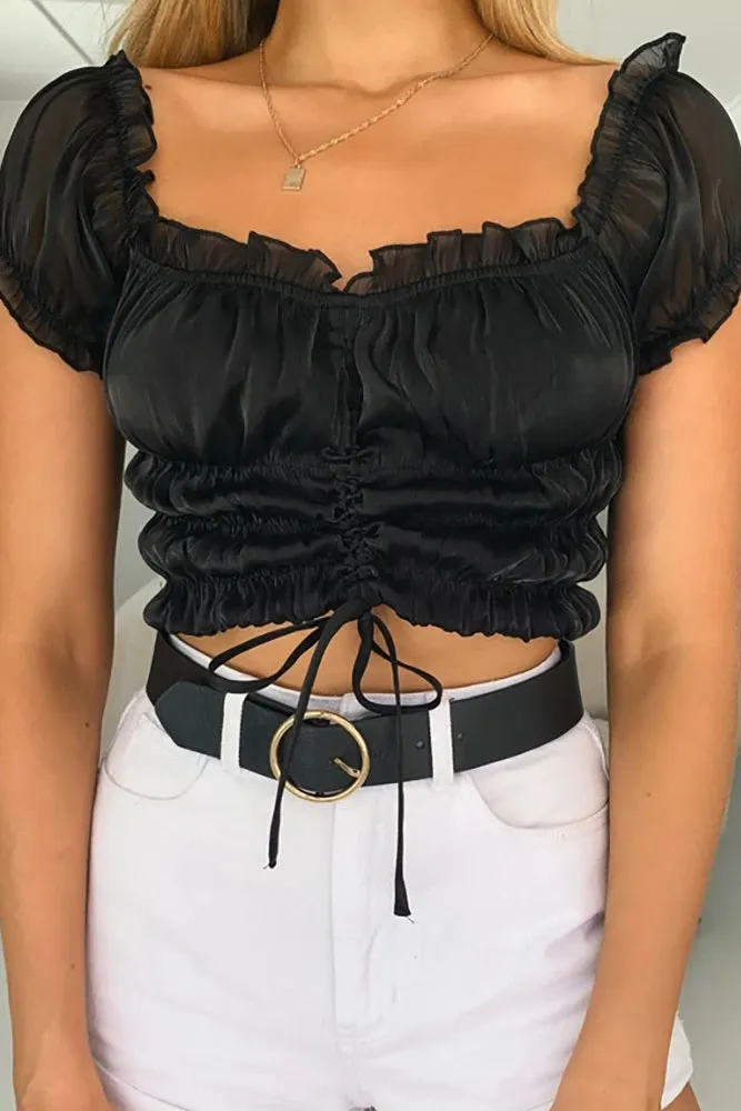 Layered Ruffles Drawstring Crop Top