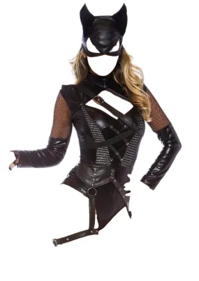 Leg Avenue 2 PC Villainess Vixen Spandex Strappy Bodysuit with Hooded Mask Black